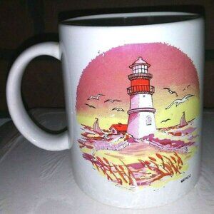 Lighthouse coffee mug ceramic Erco - lighthouse, sailing boats white pink VTG